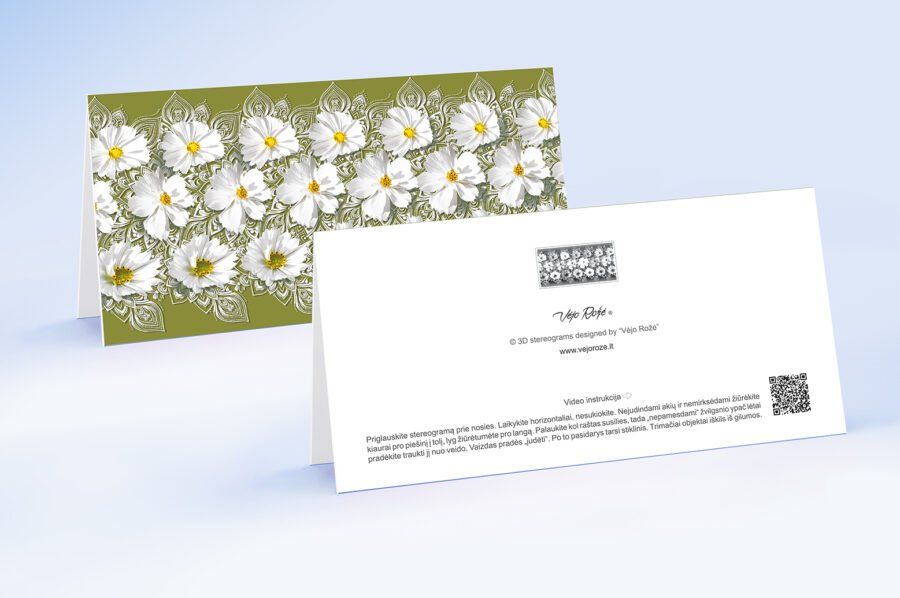 White flowers on a green background 3d stereogram greeting card with envelope